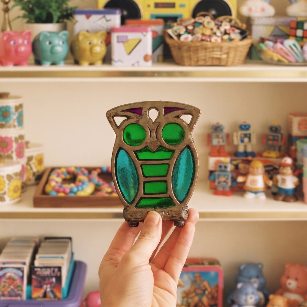 Vintage Cast Metal Owl Napkin Holder | Faux Stained Glass Adjustable Clamp